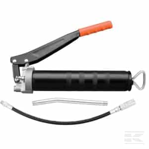 Handhebel-Fettpresse mit orangefarbenem Griff, Metallrohr und flexiblem Schlauch