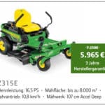 John Deere Z315E für 5.965 € statt 7.158 €: 16,5 PS, Mähfläche bis 8.000 m², 107 cm Mähwerk, 3 Jahre Herstellergarantie