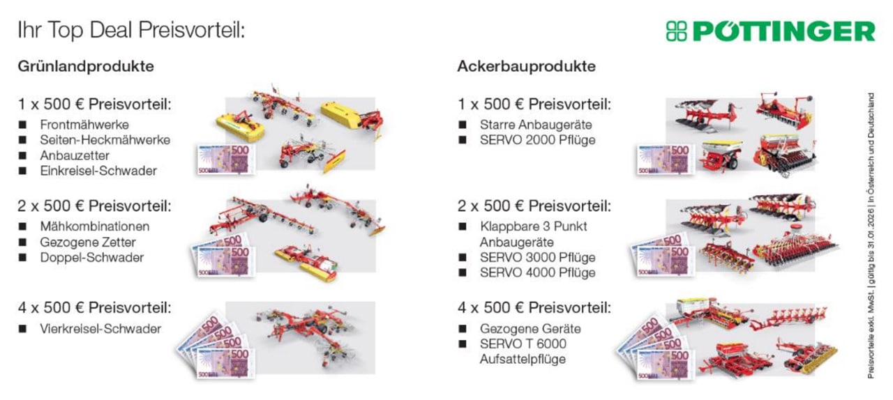 PÖTTINGER Top Deal: Preisvorteile von 500 € bis 2.000 € auf ausgewählte Grünland- und Ackerbauprodukte, gültig bis 31.01.2026
